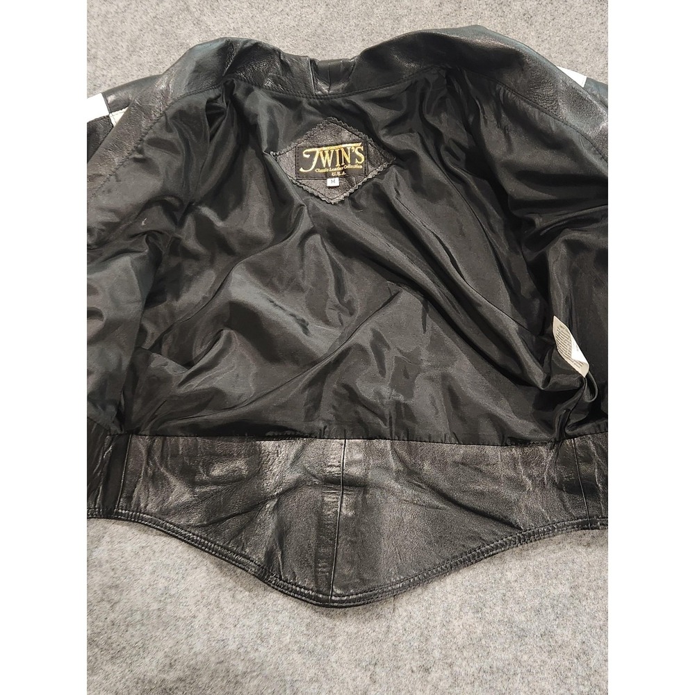 Vintage 80s Twins Jacket Womens Medium Leather Checkered Motorcycle Made in USA - Picture 6 of 12